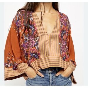 Free People Women's Orange Floral Indie Boho Printed Oversized Blouse Size Small